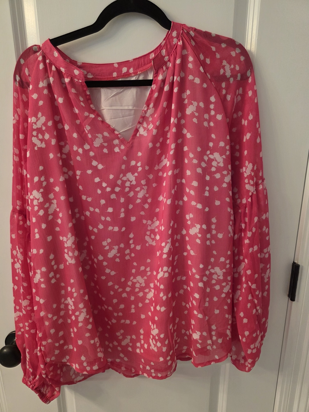 Pink Printed Long-Sleeve V-Neck Blouse
